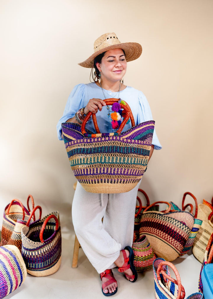 Berry Purple: Multicolor Large Deluxe Bolga Basket from Africa, Handmade Straw Ghana Basket, Bolga Basket, Fair Trade Harvest Basket, Gifts