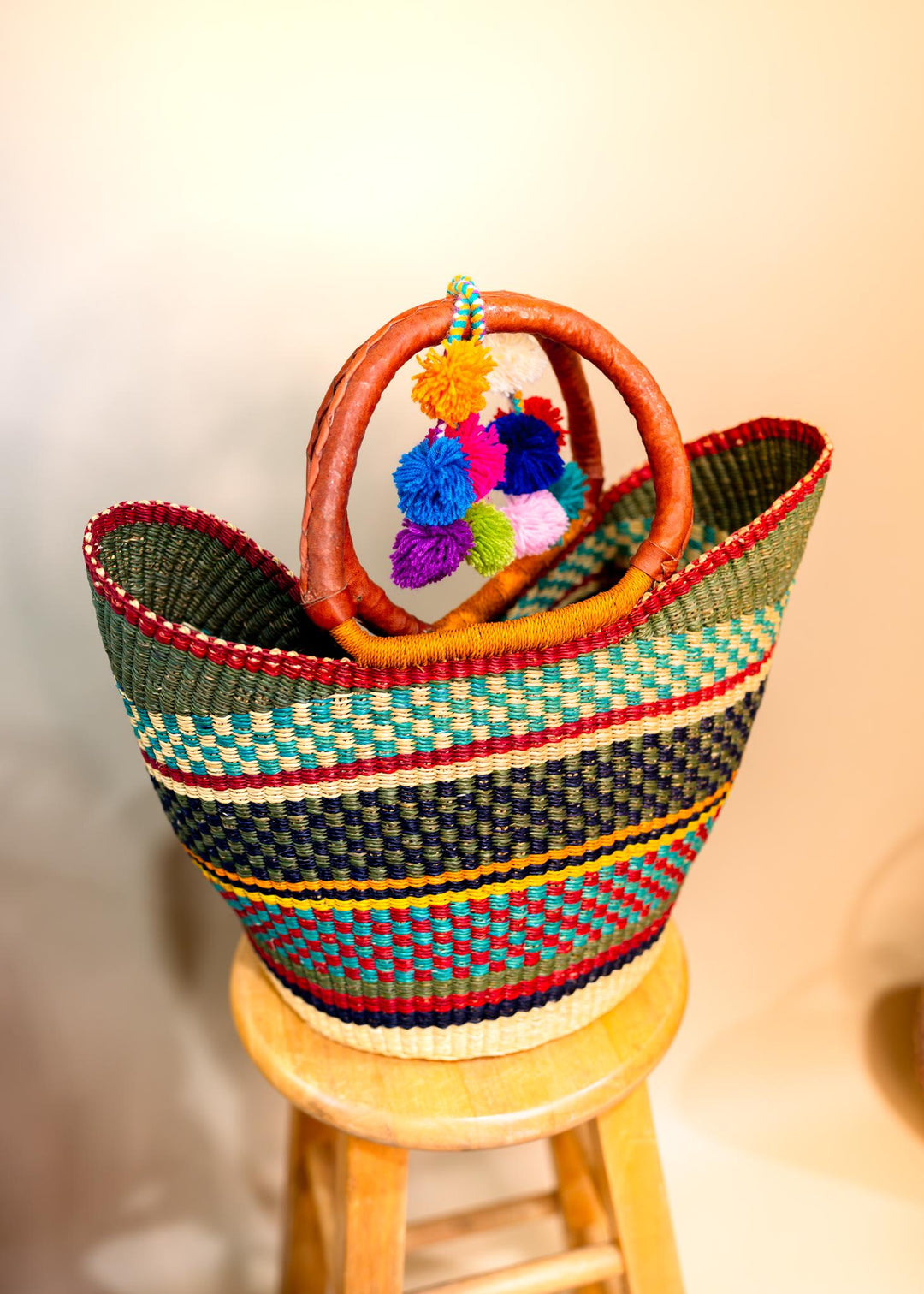 Lana: Multicolor Large Deluxe Bolga Basket from Africa, Handmade Straw Ghana Basket, Bolga Basket, Fair Trade Harvest Basket, Gifts