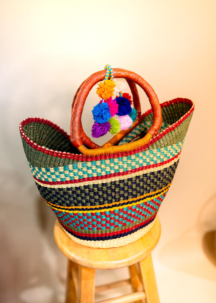 Lana: Multicolor Large Deluxe Bolga Basket from Africa, Handmade Straw Ghana Basket, Bolga Basket, Fair Trade Harvest Basket, Gifts