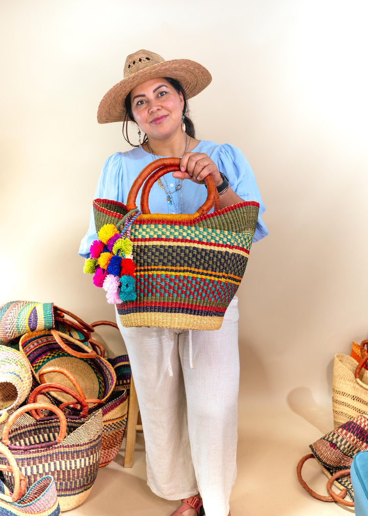 Lana: Multicolor Large Deluxe Bolga Basket from Africa, Handmade Straw Ghana Basket, Bolga Basket, Fair Trade Harvest Basket, Gifts