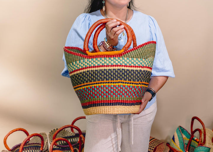 Lana: Multicolor Large Deluxe Bolga Basket from Africa, Handmade Straw Ghana Basket, Bolga Basket, Fair Trade Harvest Basket, Gifts