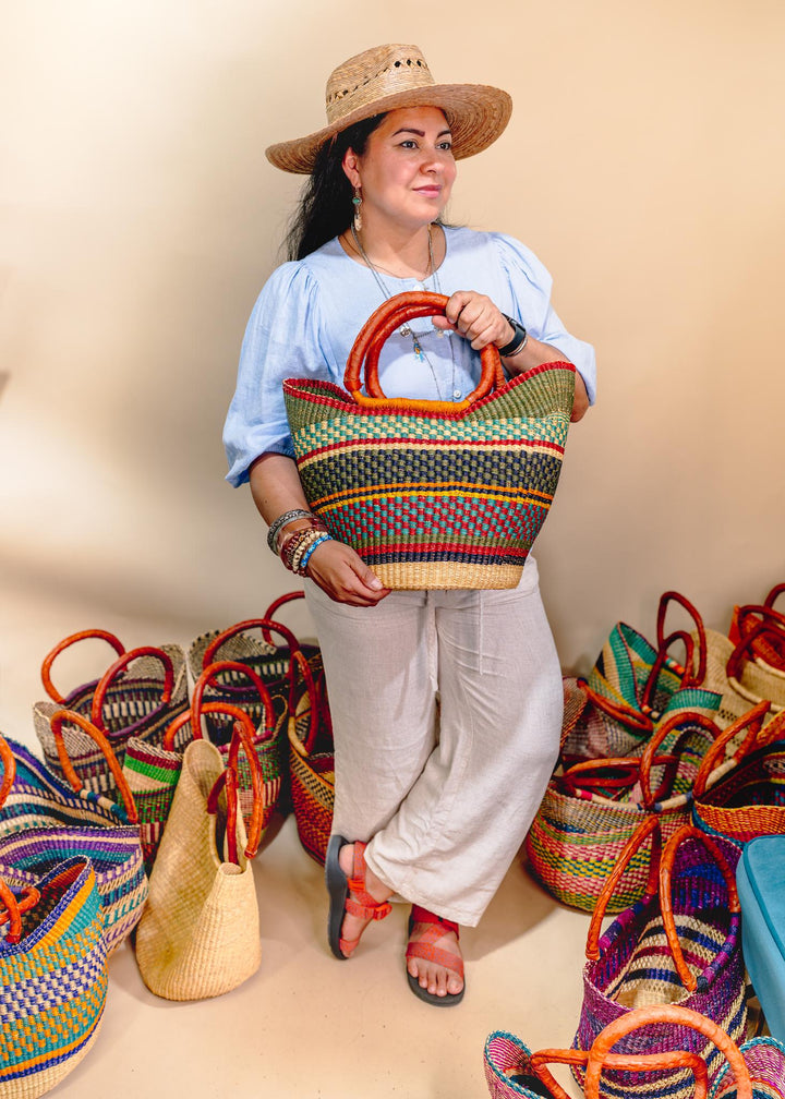 Lana: Multicolor Large Deluxe Bolga Basket from Africa, Handmade Straw Ghana Basket, Bolga Basket, Fair Trade Harvest Basket, Gifts