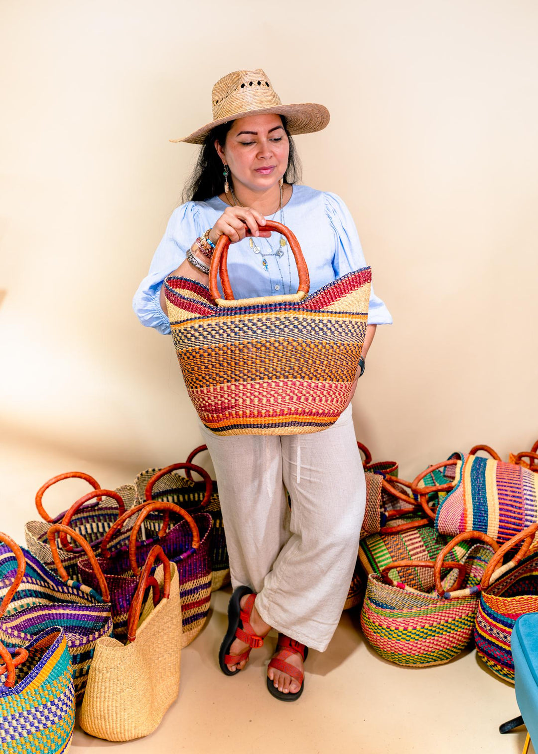 Annie: Multicolor Large Deluxe Bolga Basket from Africa, Handmade Straw Ghana Basket, Bolga Basket, Fair Trade Harvest Basket, Gifts