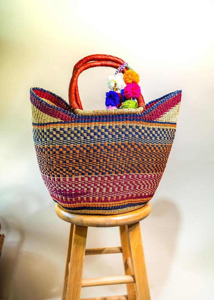 Annie: Multicolor Large Deluxe Bolga Basket from Africa, Handmade Straw Ghana Basket, Bolga Basket, Fair Trade Harvest Basket, Gifts