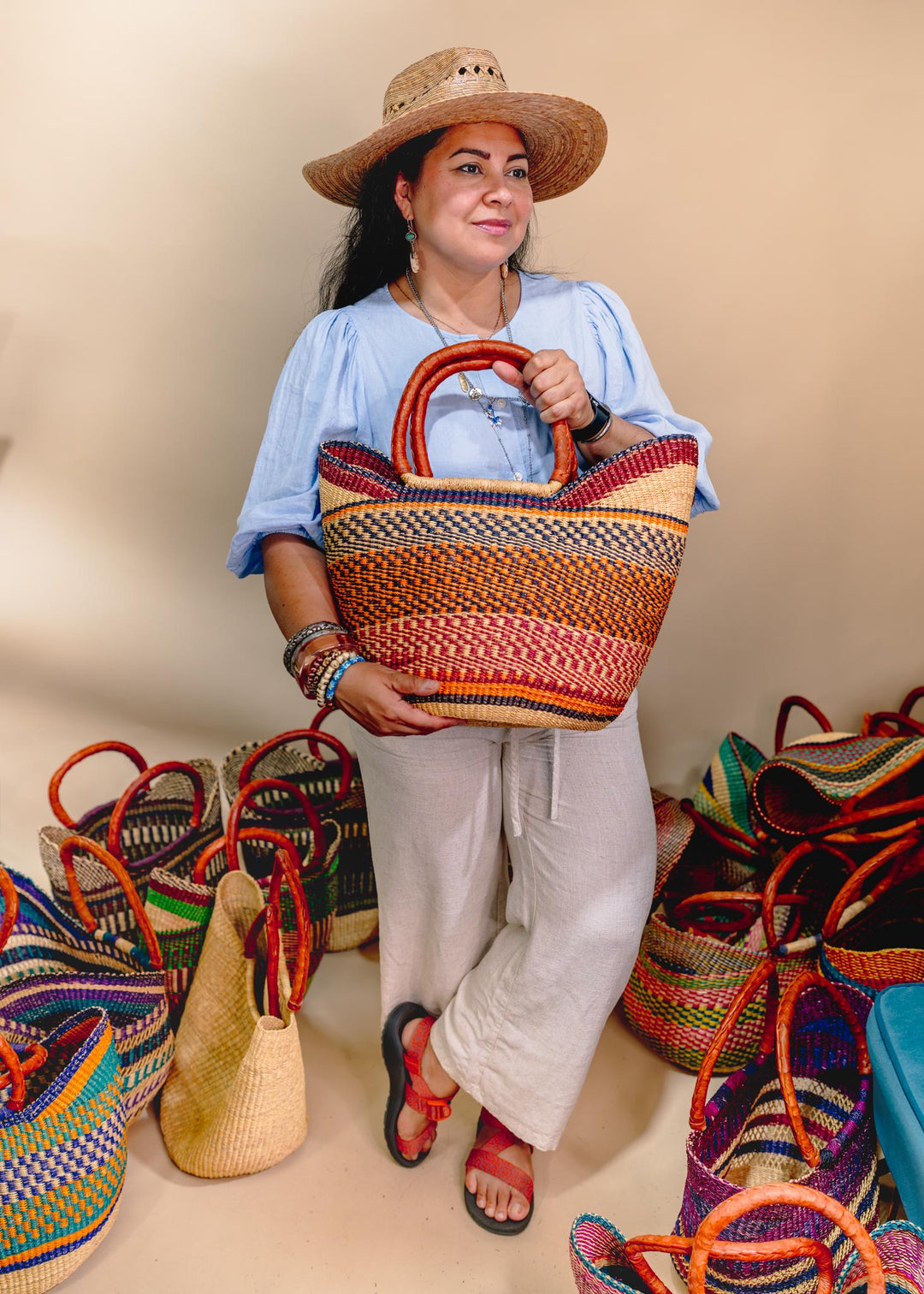 Annie: Multicolor Large Deluxe Bolga Basket from Africa, Handmade Straw Ghana Basket, Bolga Basket, Fair Trade Harvest Basket, Gifts