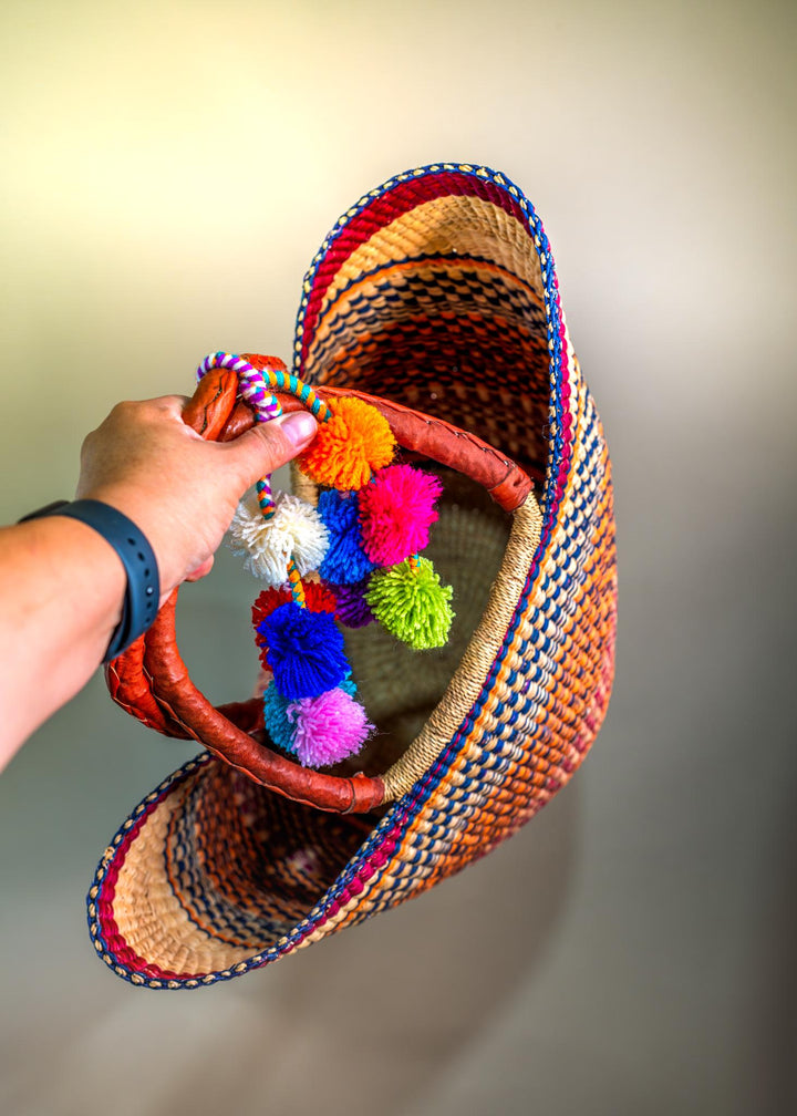 Annie: Multicolor Large Deluxe Bolga Basket from Africa, Handmade Straw Ghana Basket, Bolga Basket, Fair Trade Harvest Basket, Gifts