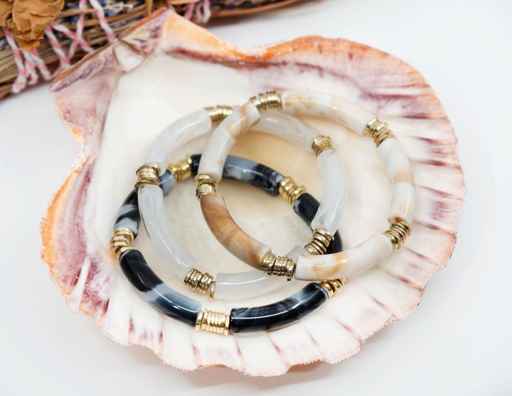 Josie Acrylic Tube Bracelet Set – Neutral Black Stackable Lucite Bangles (3 Bracelets)