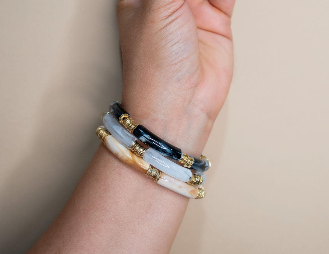 Josie Acrylic Tube Bracelet Set – Neutral Black Stackable Lucite Bangles (3 Bracelets)