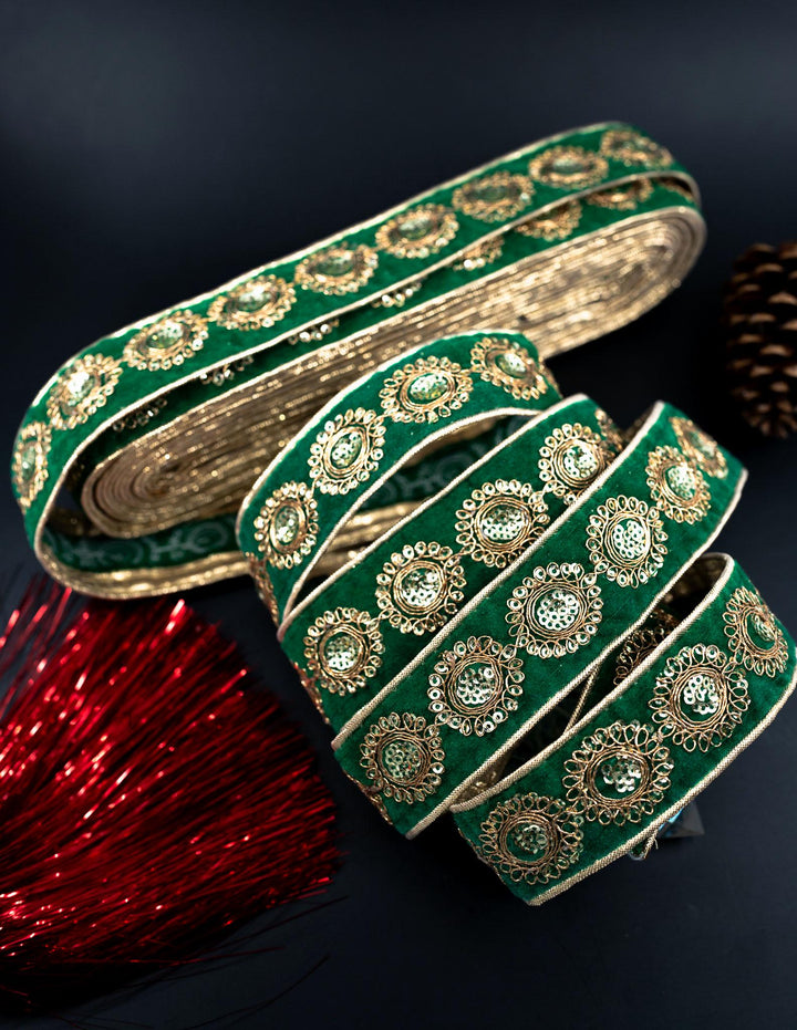 Green Velvet Saree Border Indian Lace with Golden Sparkly Sequins By The Yard | Indian Trim for Wedding Decorations, Sari Silk for Sewing