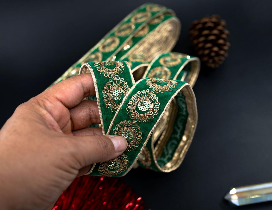 Green Velvet Saree Border Indian Lace with Golden Sparkly Sequins By The Yard | Indian Trim for Wedding Decorations, Sari Silk for Sewing