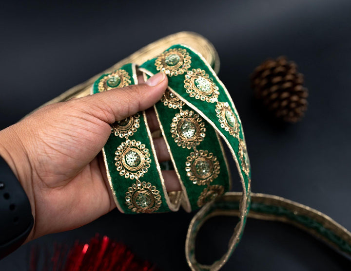 Green Velvet Saree Border Indian Lace with Golden Sparkly Sequins By The Yard | Indian Trim for Wedding Decorations, Sari Silk for Sewing