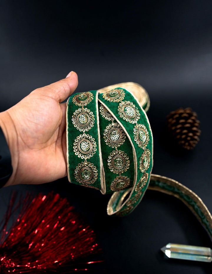 Green Velvet Saree Border Indian Lace with Golden Sparkly Sequins By The Yard | Indian Trim for Wedding Decorations, Sari Silk for Sewing