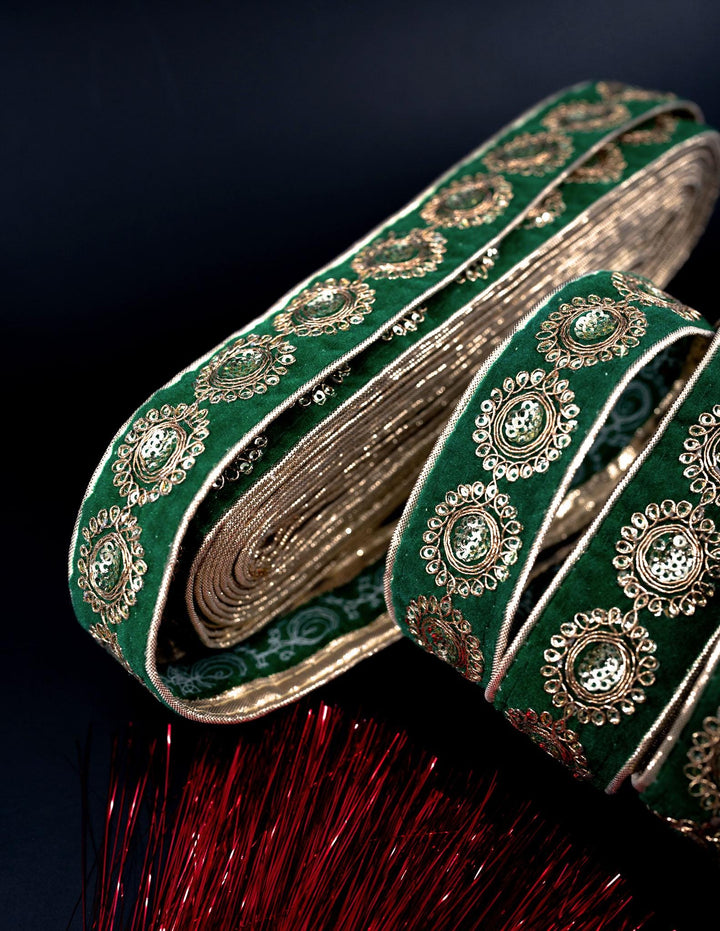 Green Velvet Saree Border Indian Lace with Golden Sparkly Sequins By The Yard | Indian Trim for Wedding Decorations, Sari Silk for Sewing