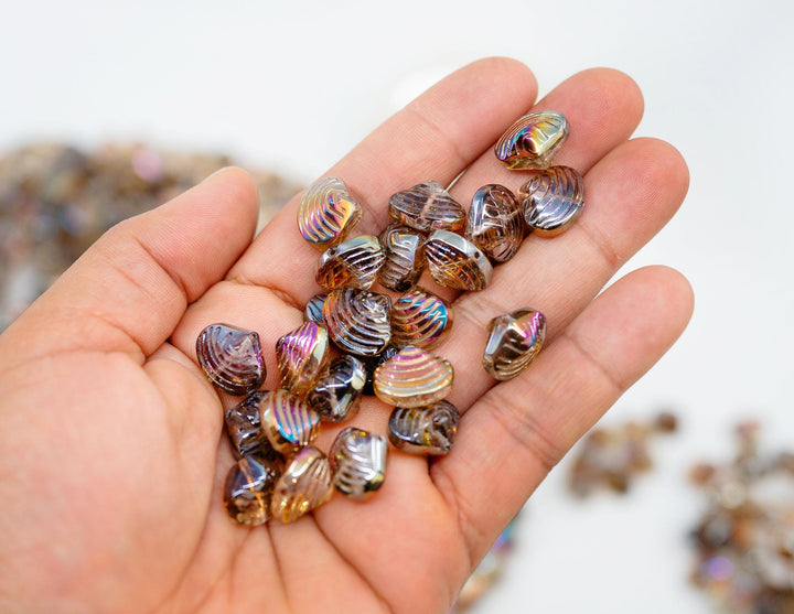 Aurora Borealis Electroplated Glass Clam Shell Beads, 10 beads, Electroplated Seashell Beads for Jewelry Making, Sea Shell, Nautilus Beads