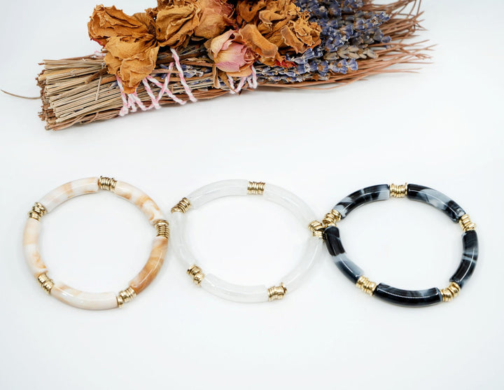 Josie Acrylic Tube Bracelet Set – Neutral Black Stackable Lucite Bangles (3 Bracelets)