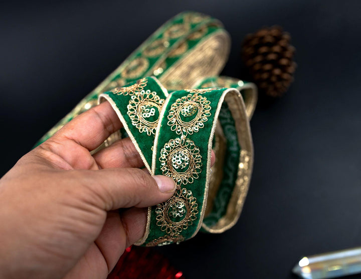 Green Velvet Saree Border Indian Lace with Golden Sparkly Sequins By The Yard | Indian Trim for Wedding Decorations, Sari Silk for Sewing
