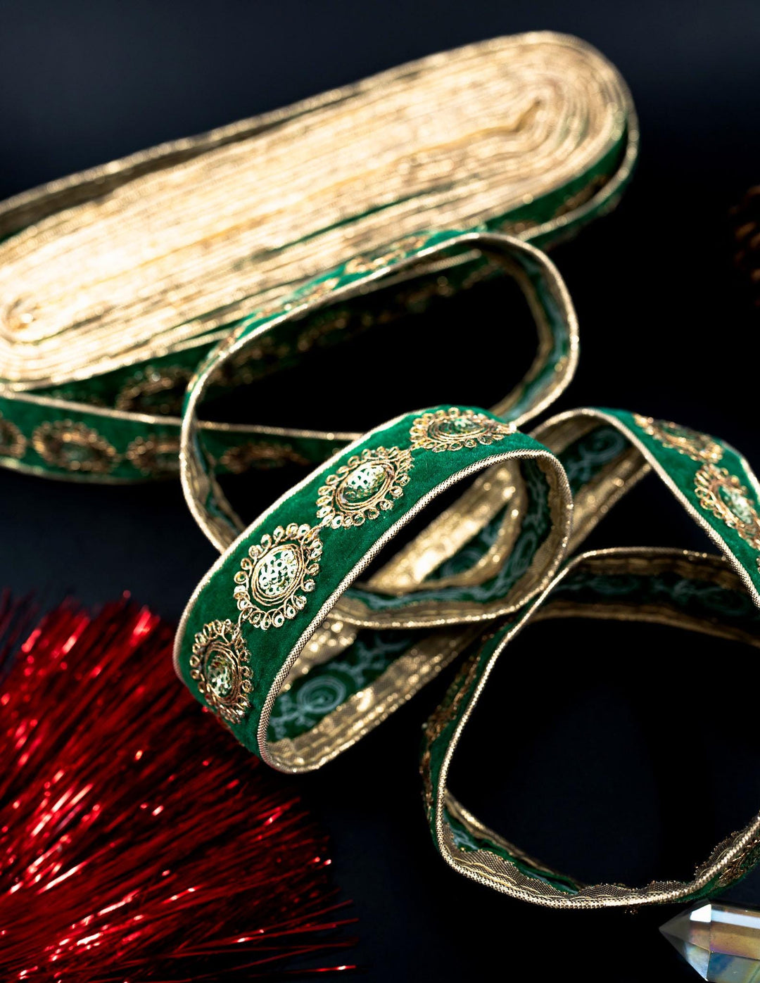 Green Velvet Saree Border Indian Lace with Golden Sparkly Sequins By The Yard | Indian Trim for Wedding Decorations, Sari Silk for Sewing