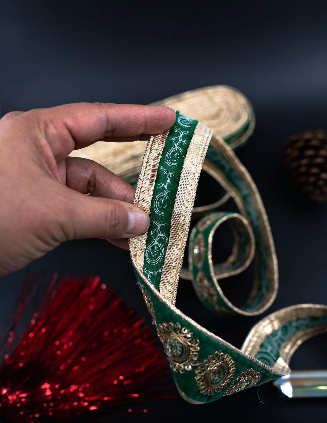 Green Velvet Saree Border Indian Lace with Golden Sparkly Sequins By The Yard | Indian Trim for Wedding Decorations, Sari Silk for Sewing