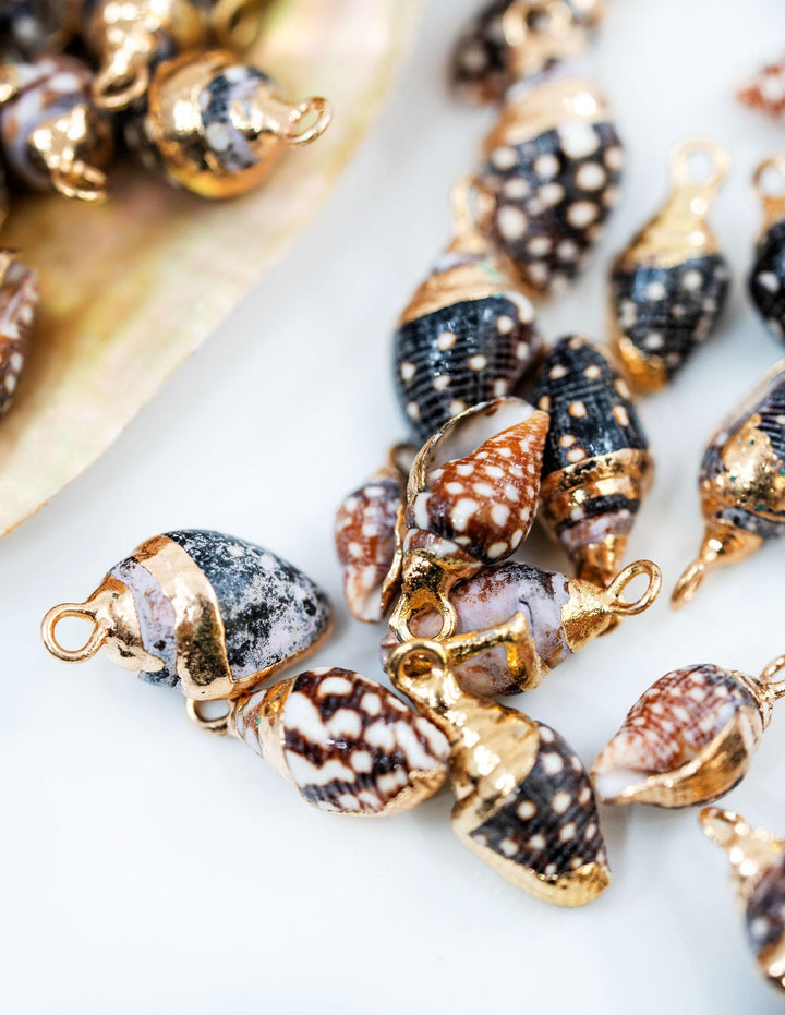 Spiral Shells: Gold Electroplated Spiral Speckled Dots Shells for Jewelry Making, Sold by Each, Natural Seashell Charms, Jewelry Supplies