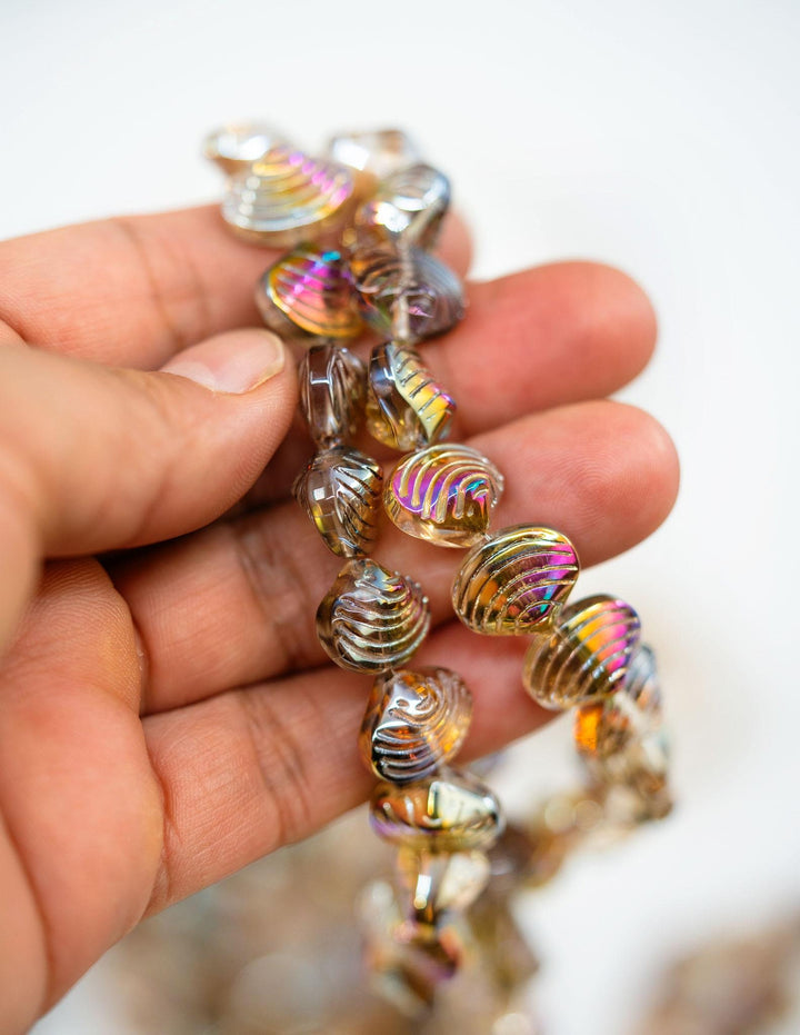 Aurora Borealis Electroplated Glass Clam Shell Beads, 10 beads, Electroplated Seashell Beads for Jewelry Making, Sea Shell, Nautilus Beads