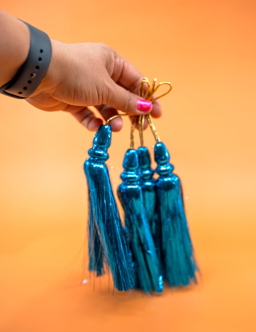 Turquoise Blue Metallic Tinsel Tassels  Set of 2 Festive Tassels for DIY Jewelry, 6 inches, Decor, and Crafts