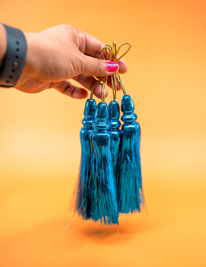 Turquoise Blue Metallic Tinsel Tassels  Set of 2 Festive Tassels for DIY Jewelry, 6 inches, Decor, and Crafts