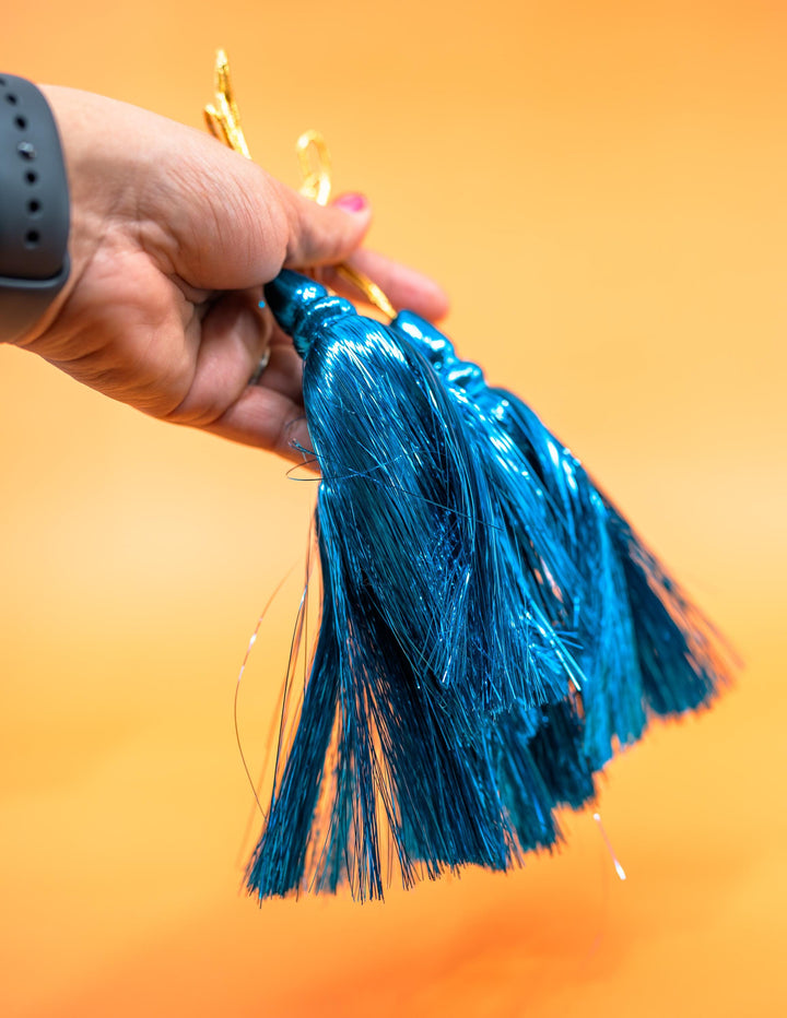Turquoise Blue Metallic Tinsel Tassels  Set of 2 Festive Tassels for DIY Jewelry, 6 inches, Decor, and Crafts