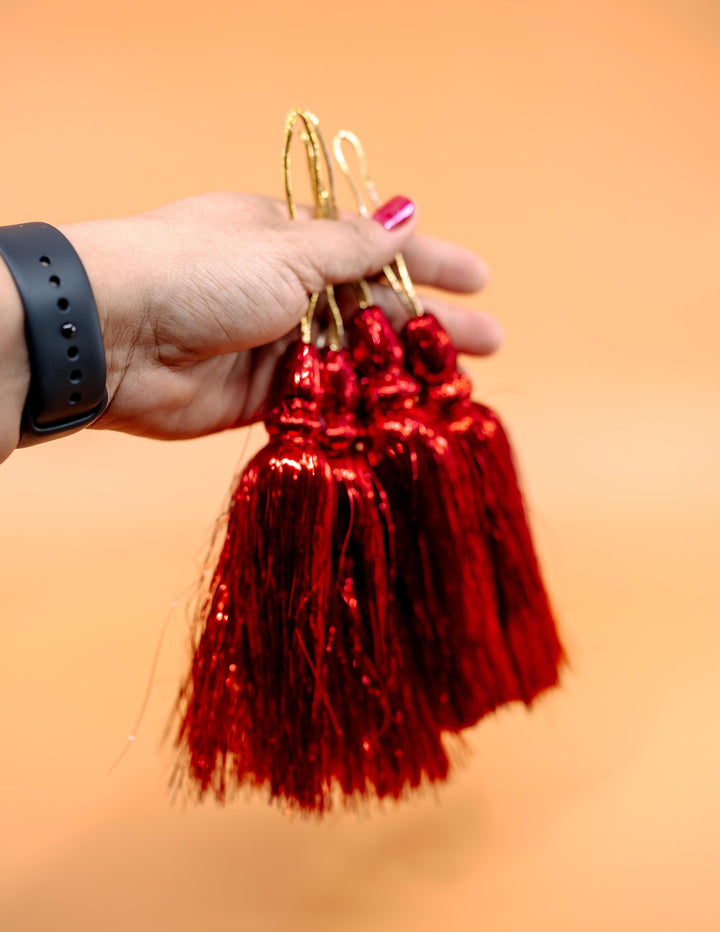 Red Metallic Tinsel Tassels  Set of 2 Festive Tassels for DIY Jewelry, 6 inches, Decor, and Crafts