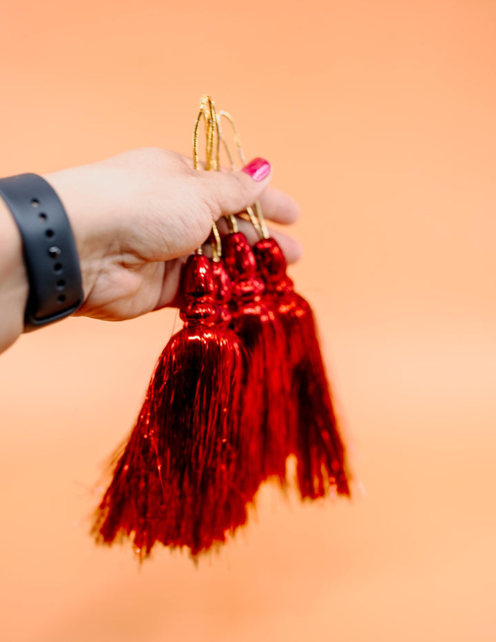 Red Metallic Tinsel Tassels  Set of 2 Festive Tassels for DIY Jewelry, 6 inches, Decor, and Crafts