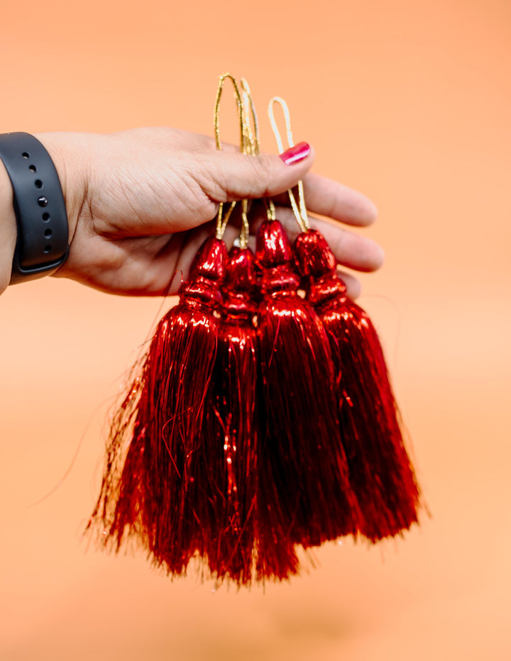 Red Metallic Tinsel Tassels  Set of 2 Festive Tassels for DIY Jewelry, 6 inches, Decor, and Crafts
