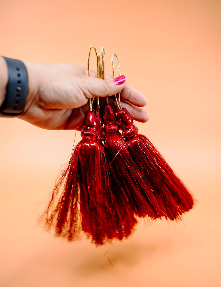 Red Metallic Tinsel Tassels  Set of 2 Festive Tassels for DIY Jewelry, 6 inches, Decor, and Crafts