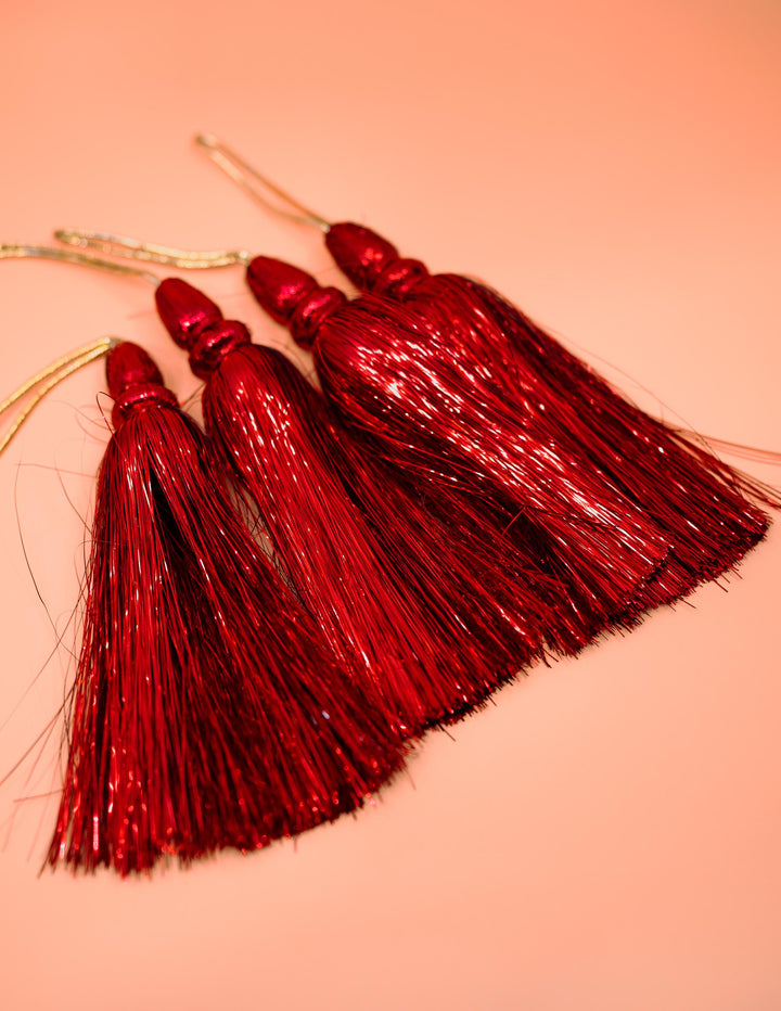 Red Metallic Tinsel Tassels  Set of 2 Festive Tassels for DIY Jewelry, 6 inches, Decor, and Crafts