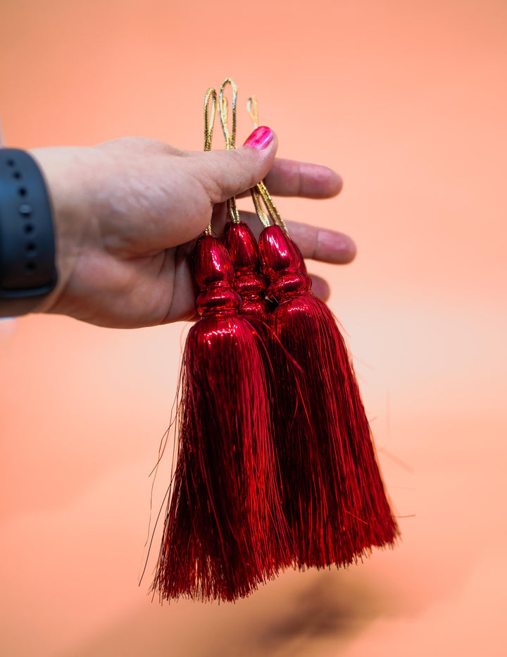 Red Metallic Tinsel Tassels  Set of 2 Festive Tassels for DIY Jewelry, 6 inches, Decor, and Crafts