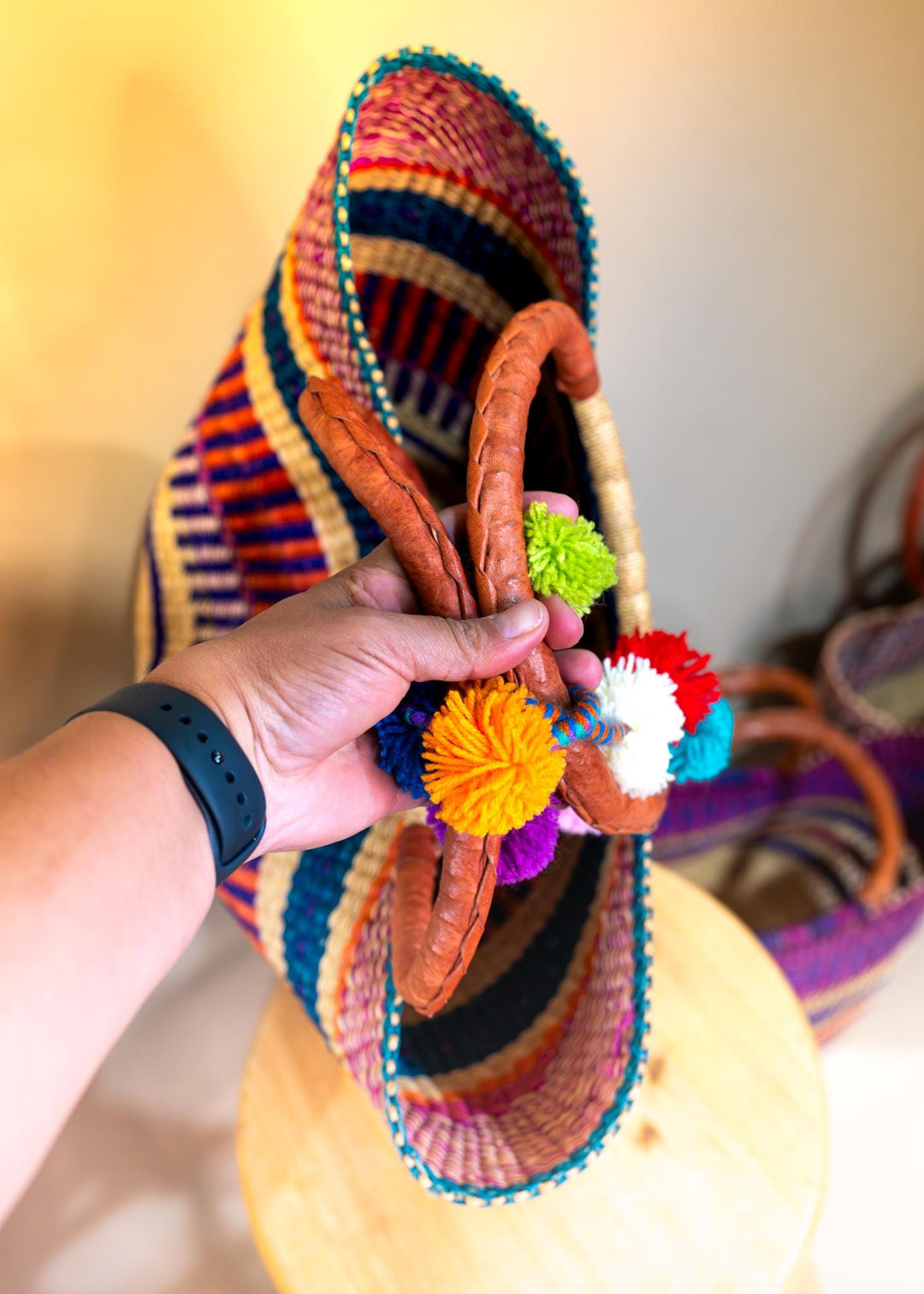 Blue Stripe: Large Multicolor Deluxe Bolga Basket from Ghana  Handmade African Basket, Eco-Friendly Market, Garden Basket, Gift-Ready