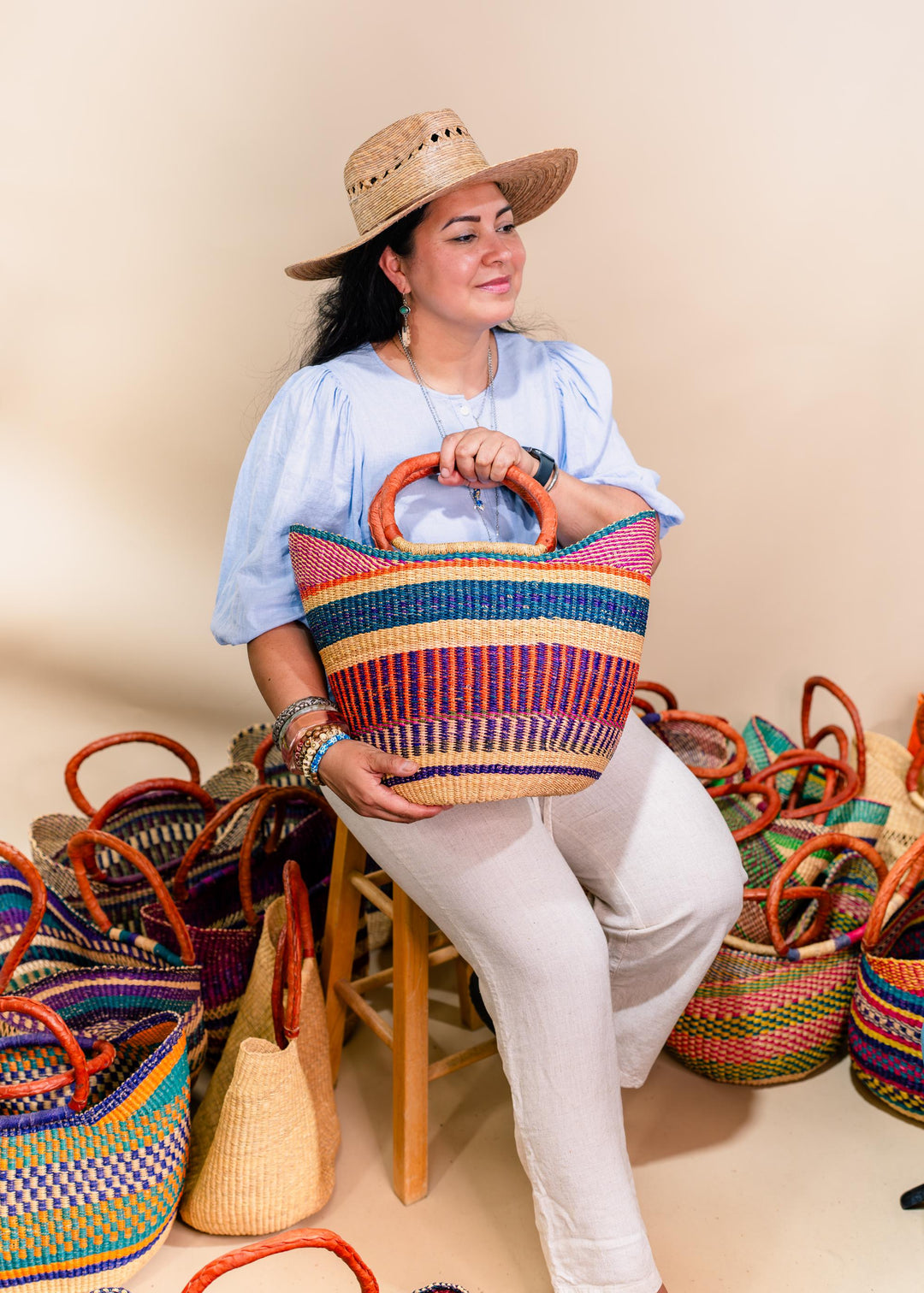 Blue Stripe: Large Multicolor Deluxe Bolga Basket from Ghana  Handmade African Basket, Eco-Friendly Market, Garden Basket, Gift-Ready