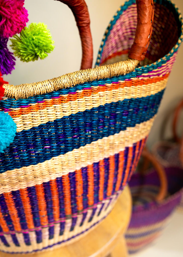 Blue Stripe: Large Multicolor Deluxe Bolga Basket from Ghana  Handmade African Basket, Eco-Friendly Market, Garden Basket, Gift-Ready