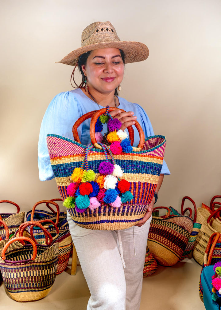 Blue Stripe: Large Multicolor Deluxe Bolga Basket from Ghana  Handmade African Basket, Eco-Friendly Market, Garden Basket, Gift-Ready