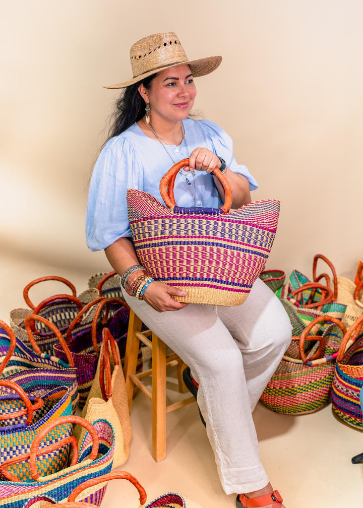 Emi: Large Multicolor Deluxe Bolga Basket from Ghana  Handmade African Basket, Eco-Friendly Market, Garden Basket, Gift-Ready