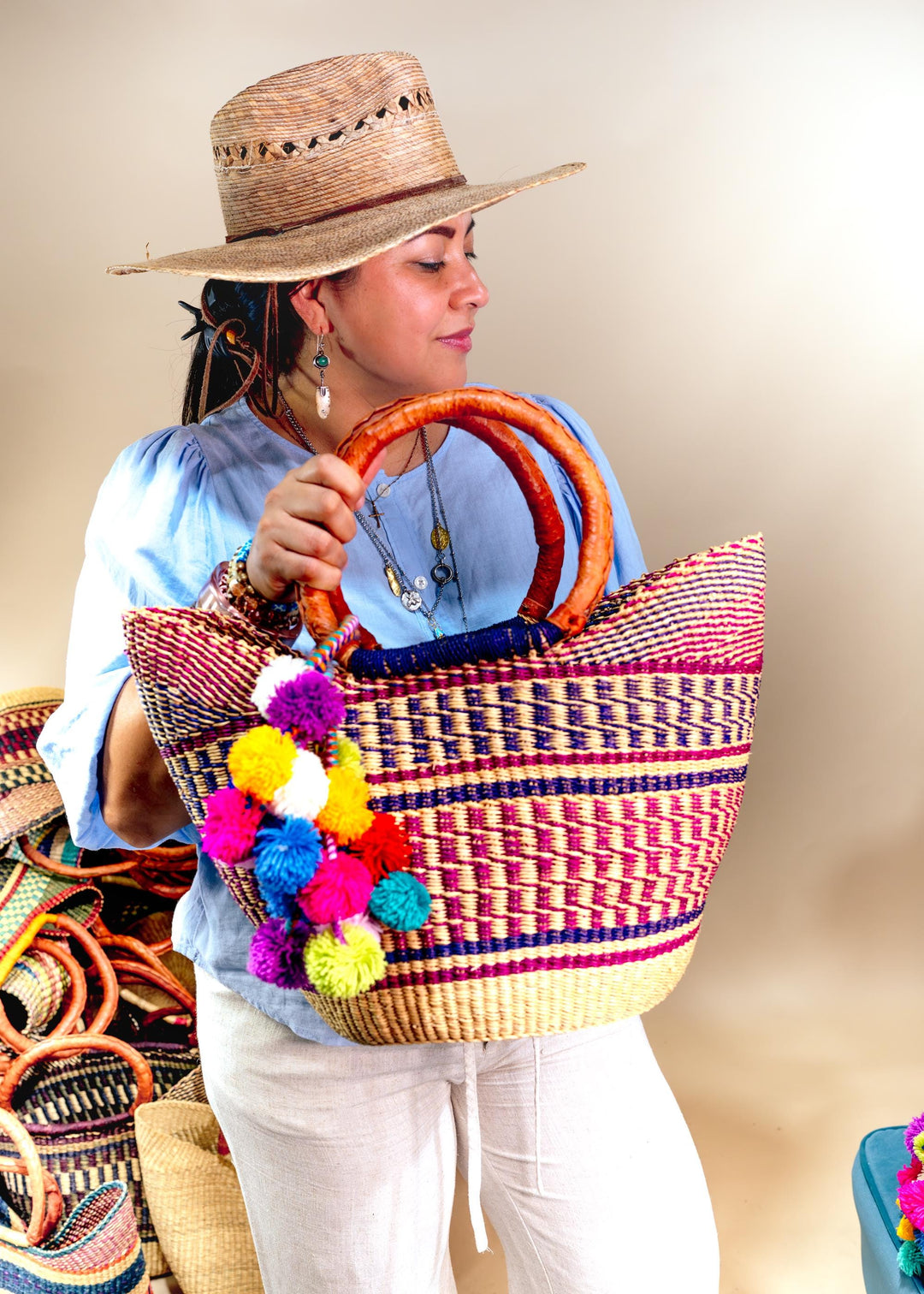 Emi: Large Multicolor Deluxe Bolga Basket from Ghana  Handmade African Basket, Eco-Friendly Market, Garden Basket, Gift-Ready