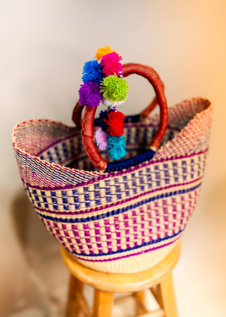 Emi: Large Multicolor Deluxe Bolga Basket from Ghana  Handmade African Basket, Eco-Friendly Market, Garden Basket, Gift-Ready