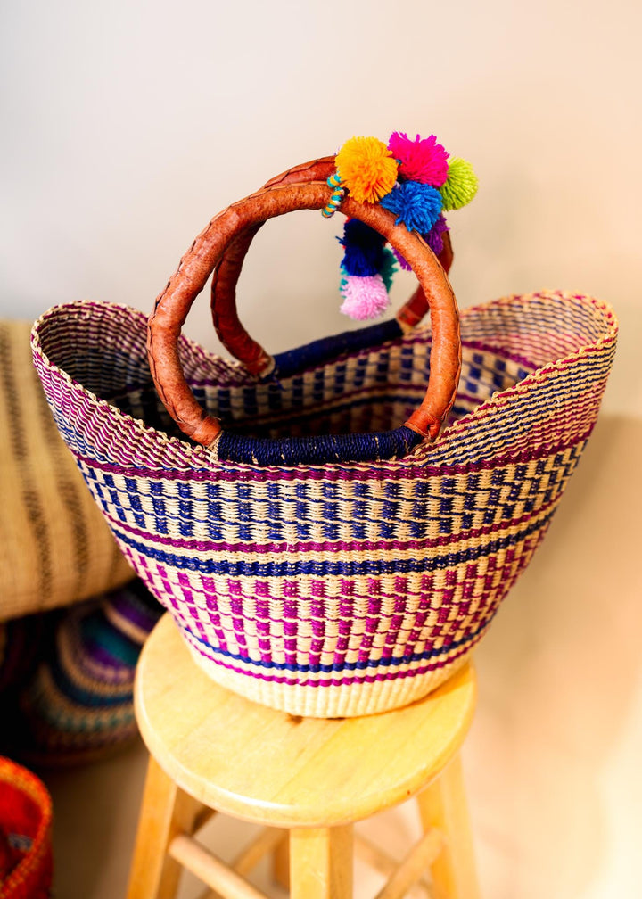 Emi: Large Multicolor Deluxe Bolga Basket from Ghana  Handmade African Basket, Eco-Friendly Market, Garden Basket, Gift-Ready
