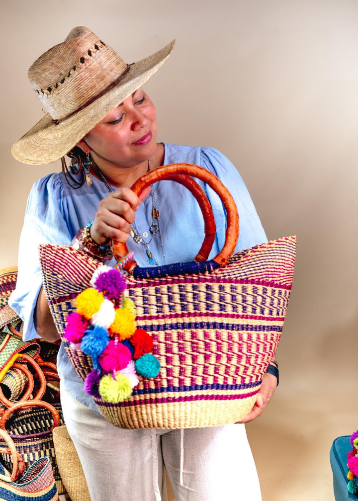 Emi: Large Multicolor Deluxe Bolga Basket from Ghana  Handmade African Basket, Eco-Friendly Market, Garden Basket, Gift-Ready