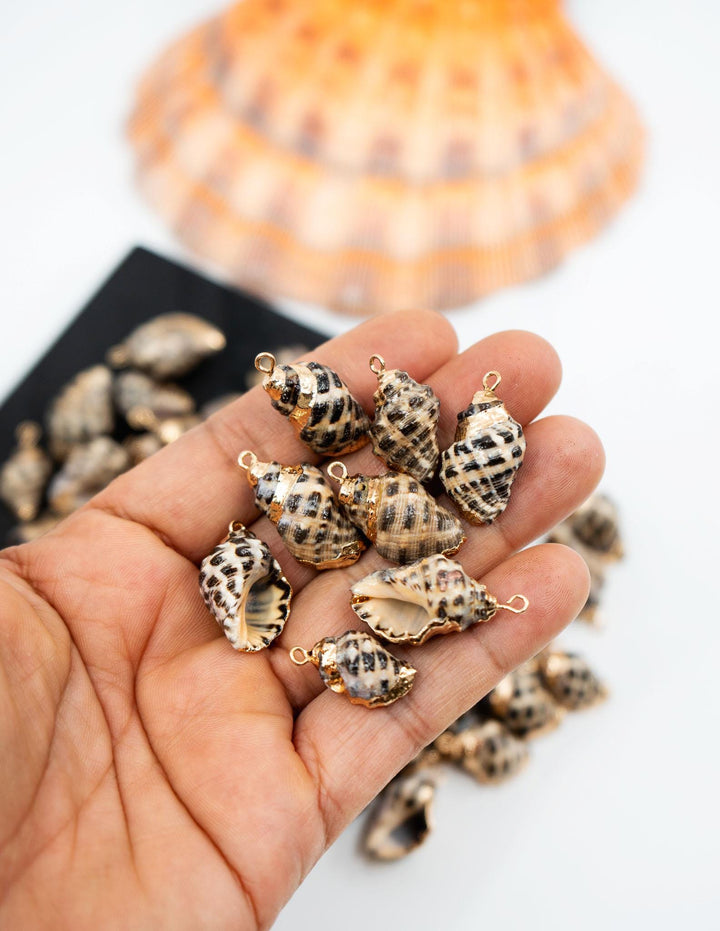 Spiral Shells: Gold Electroplated Spiral Speckled Shells for Jewelry Making, Sold by Each, Natural Seashell Charms, Beach Jewelry Supplies