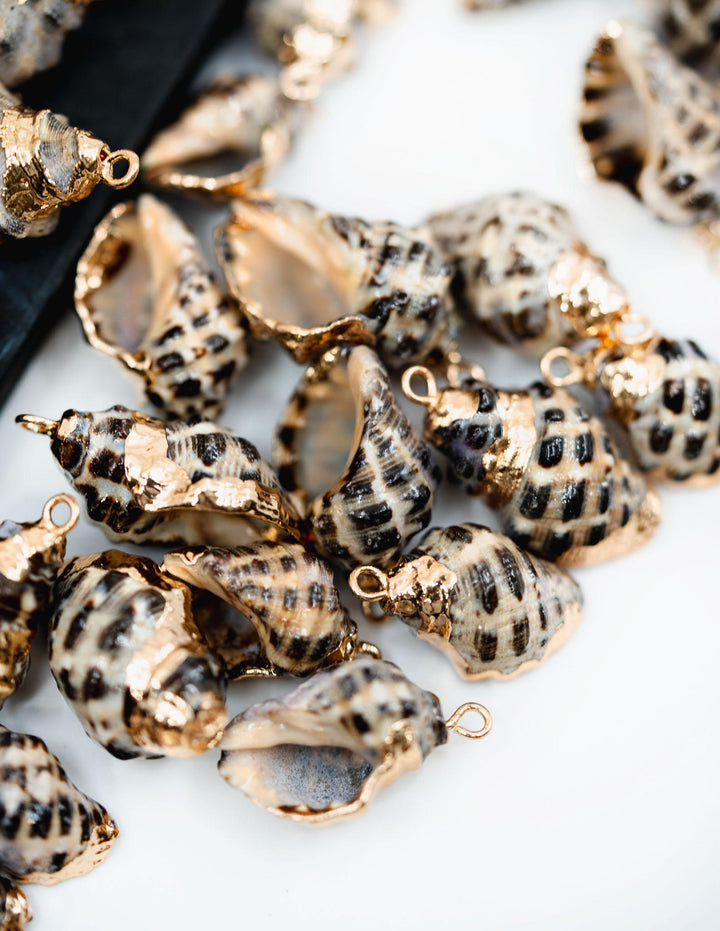 Spiral Shells: Gold Electroplated Spiral Speckled Shells for Jewelry Making, Sold by Each, Natural Seashell Charms, Beach Jewelry Supplies
