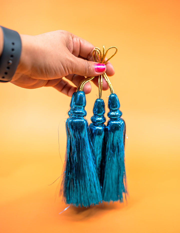 Turquoise Blue Metallic Tinsel Tassels  Set of 2 Festive Tassels for DIY Jewelry, 6 inches, Decor, and Crafts