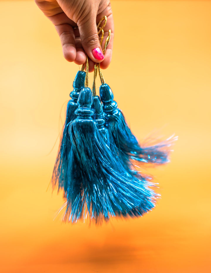 Turquoise Blue Metallic Tinsel Tassels  Set of 2 Festive Tassels for DIY Jewelry, 6 inches, Decor, and Crafts