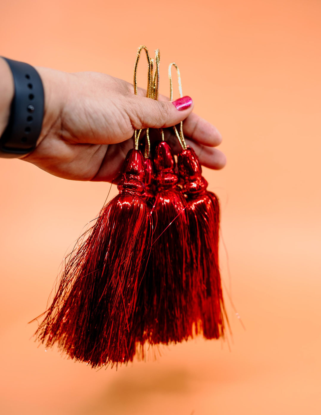 Red Metallic Tinsel Tassels  Set of 2 Festive Tassels for DIY Jewelry, 6 inches, Decor, and Crafts