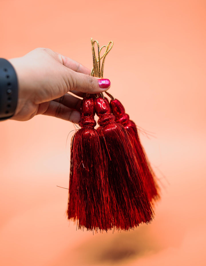 Red Metallic Tinsel Tassels  Set of 2 Festive Tassels for DIY Jewelry, 6 inches, Decor, and Crafts