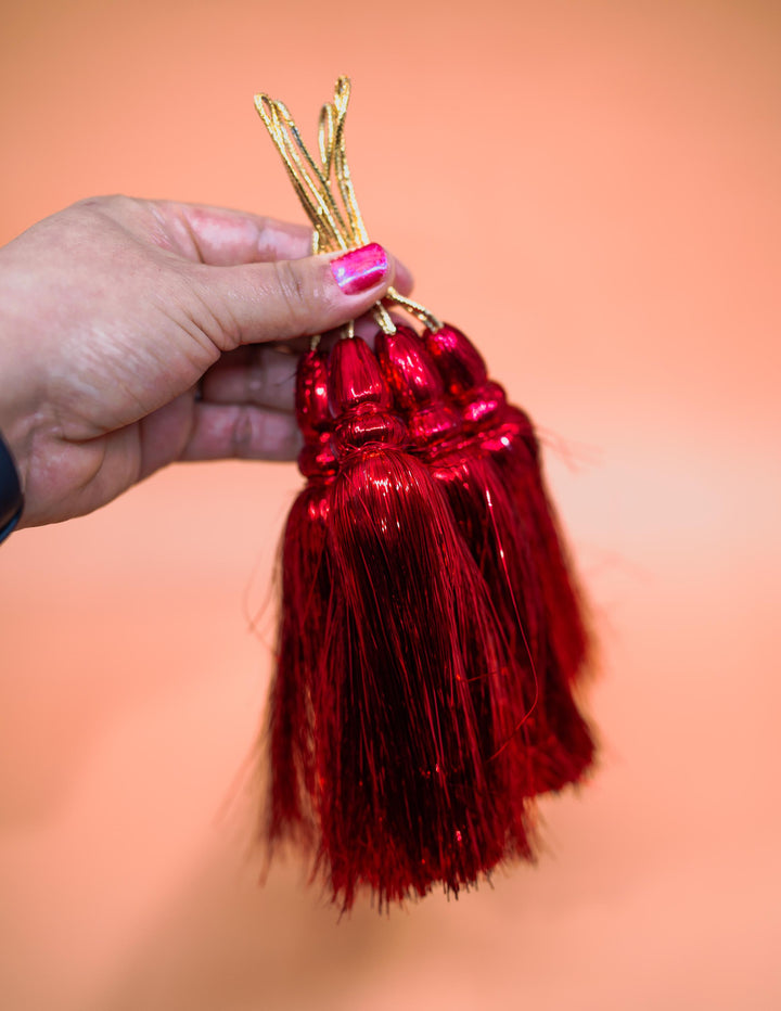 Red Metallic Tinsel Tassels  Set of 2 Festive Tassels for DIY Jewelry, 6 inches, Decor, and Crafts