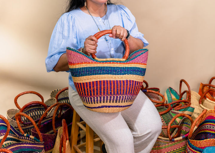 Blue Stripe: Large Multicolor Deluxe Bolga Basket from Ghana  Handmade African Basket, Eco-Friendly Market, Garden Basket, Gift-Ready